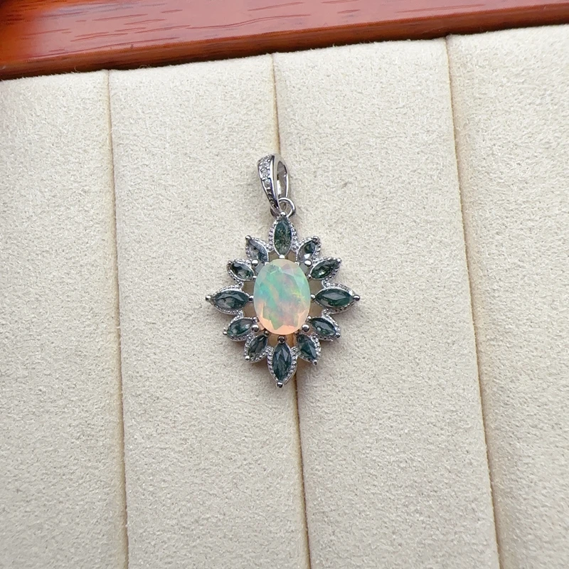 

Natural Cut Opal Pendant, 925 sterling silver. With stone water grass agate, birthday gift for women