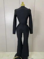 2025 New High Quality Golden Buttons Short Coat Top And Flare Pants  Bandage 2 Pieces Set Woman Celebrity Evening Party Vestidos - Image 3