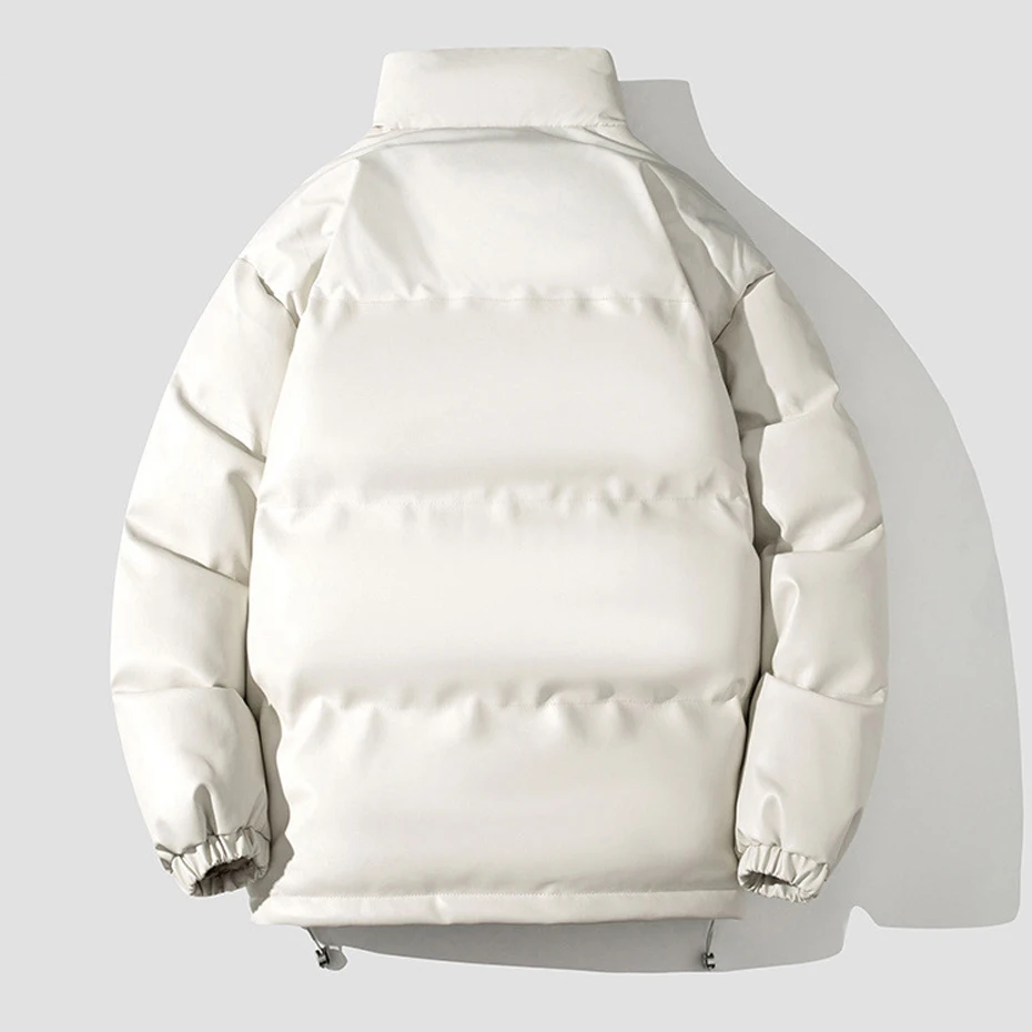 PU Parkas Men Winter Padded Jacket PU Coat Fashion Casual Solid Color Parkas Male Loose Style Stand Collar Parkas Black
