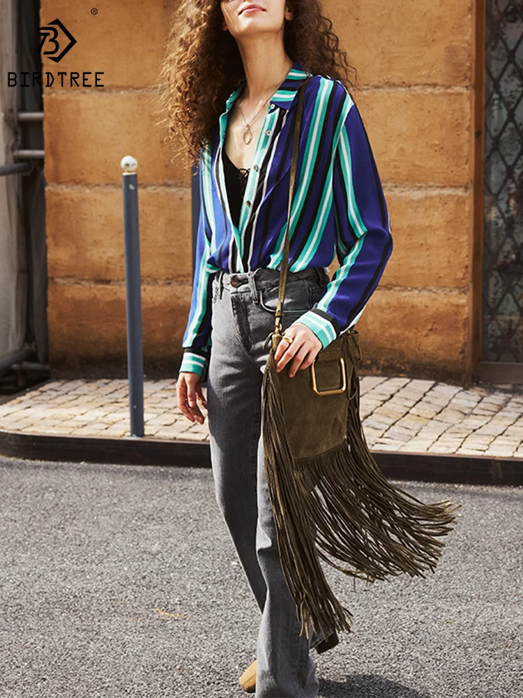 

Женская рубашка с длинным рукавом BirdTree, Элегантная блузка из 100% натурального шелка, с принтом в полоску, для офиса, для весны, T42114QM, 14 мм, 2024