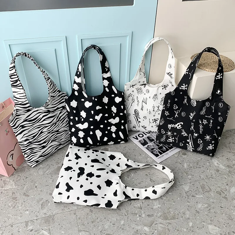 Factory Supply Spot Back Core Cow Model Cute Shoulder Bag Casual Canvas Bag Large Capacity Shoulder Canvas