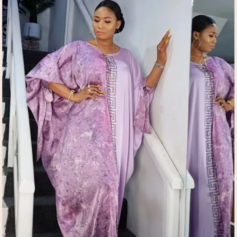 

African Woman Printing Dress Rayon Fabric Hot Fix Rhinestone Ornament Elegant Fashion Plus Size Robe