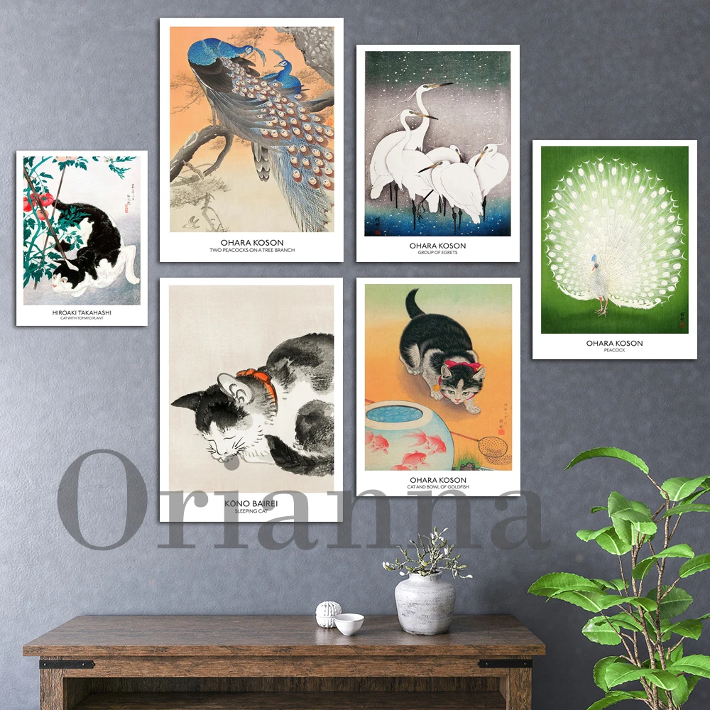 

Cat Poster,Japanese Art Print,Bird Poster,Asian Decor,Oriental Decor,Vintage Art, Gift Idea,Home Decor,Wall Art Canvas Painting