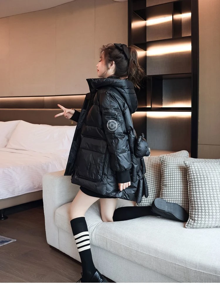 Winter Coats Women Loose Mid-Length Bear Black Puffer Jacket 2023 Sweet Disposable Long Sleeve Thickened White Duck Down Coat