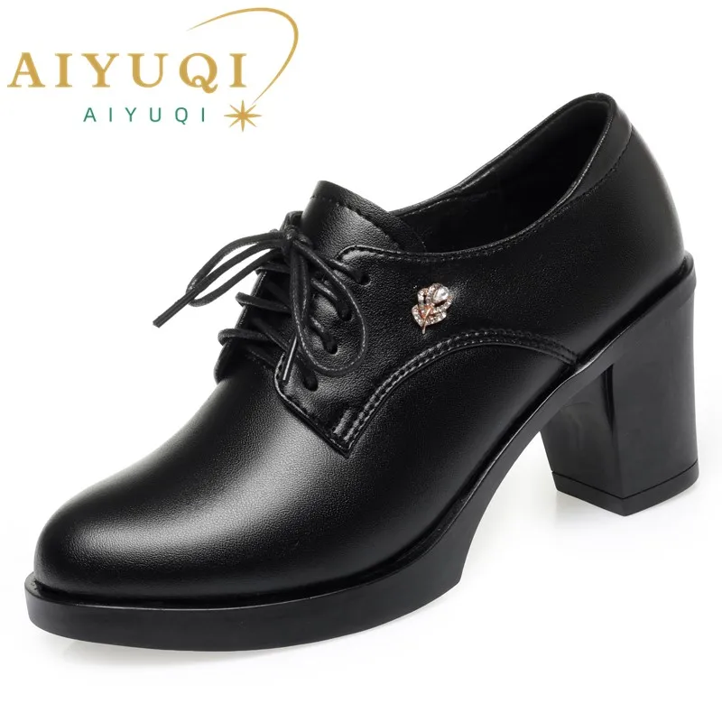 

AIYUQI Women's Dress Shoes Spring 2024 New Genuine Leather Round Toe Women Fashion Shoes Mid Heel Lace-up Women Office Shoes