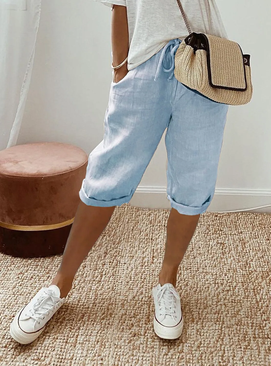 Women's Cotton and Linen Pocket Elastic Casual Pants Women's Pants Quarter Pants