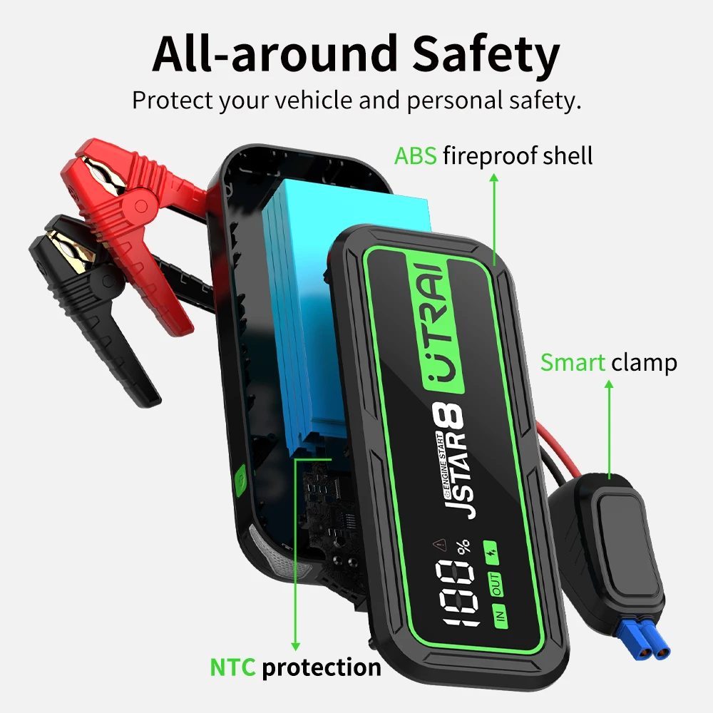 UTRAI 3000A Jump Starter Power Bank Battery Portable Charger 10W Wireless Charging LCD Screen Safety Hammer Car Starting Device