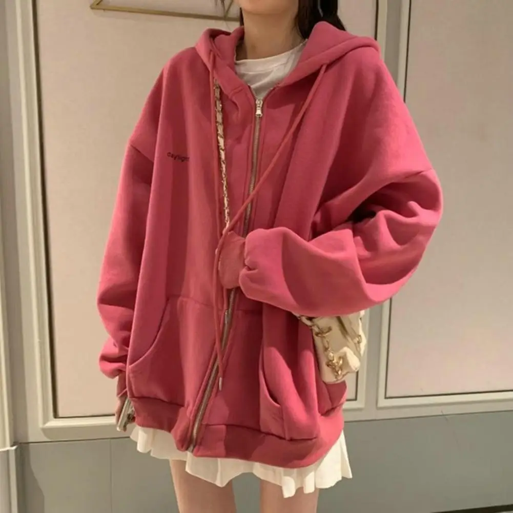 Women Hoodies Harajuku Hip Hop Jacket High Street Zip Up Hoodie Casual Loose Sweatshirt Drawstring Pockets Loose Casual Jacket