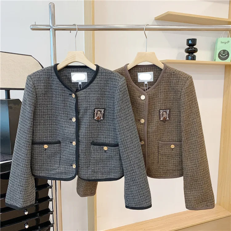 

Women's Wool Blend Fabric Jackets, Bear Embroidery, Black Plaid, Office Work, Lady Coat Clothes, Fashion