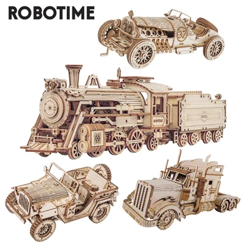 Robotime Rokr 3D Puzzle Movable Steam Train,Car,Jeep Assembly Toy Gift for Children Adult Wooden Model Building Block Kits 1