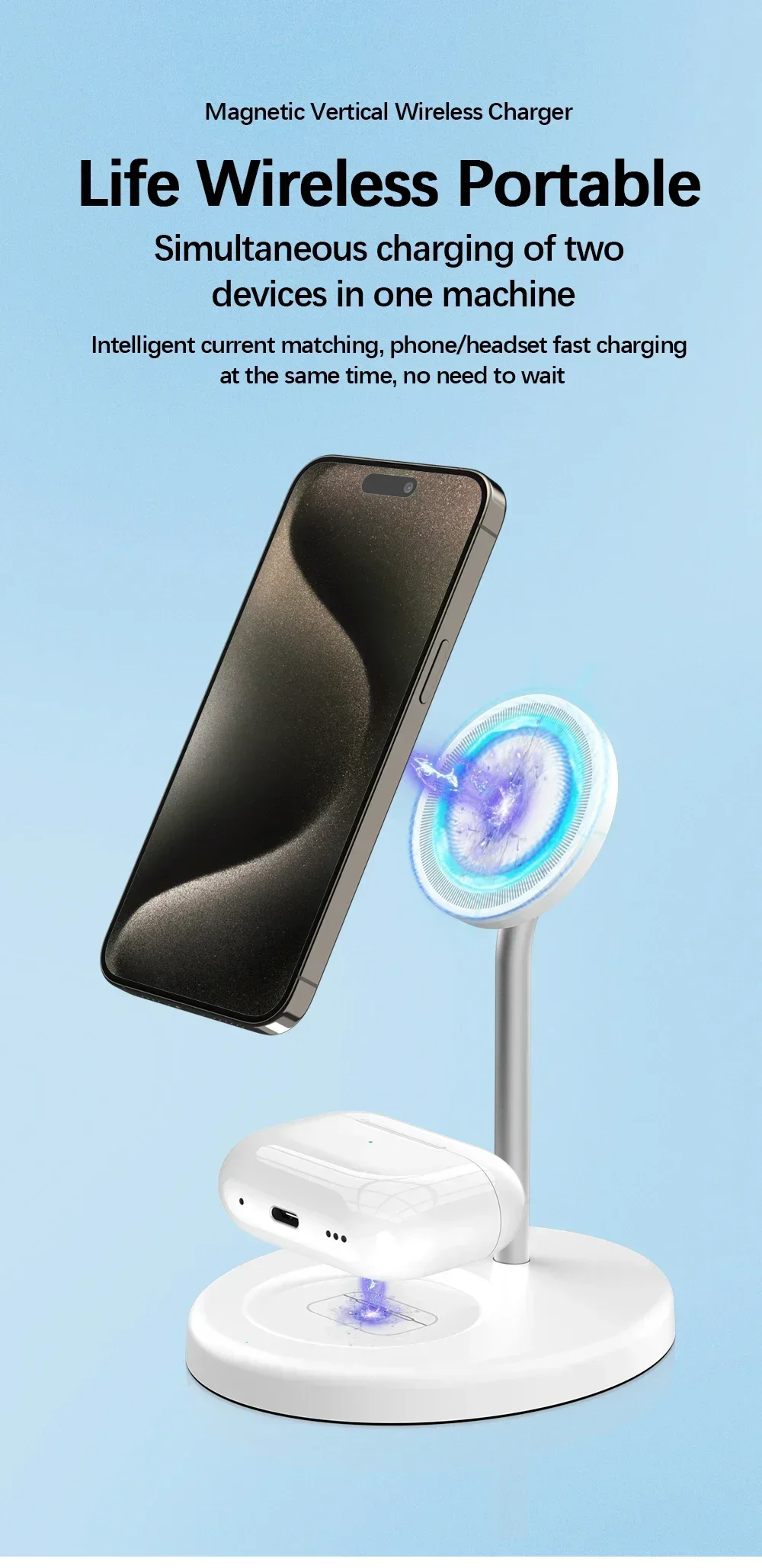 Magnetic Wireless Charger Stand 100W 2 in 1 Phone Charging Station Dock For iPhone 16 15 14 13 12 Pro Max AirPods Fast Charging