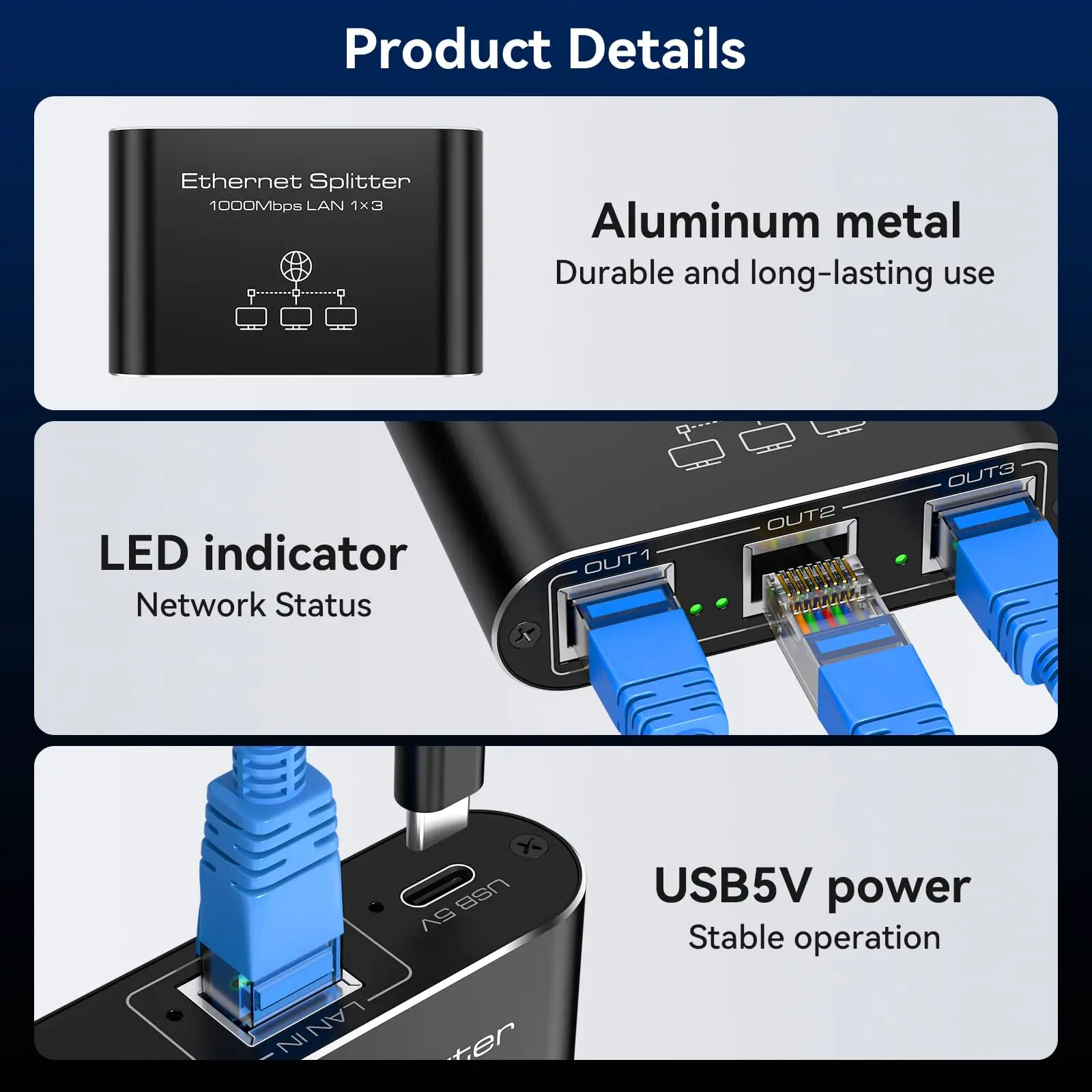 LAN Switch 1 to 3 1000 Mbps LAN Splitter Aluminium Network Switch LAN Splitter Gigabit Ethernet Switch with USB-C Power Cable