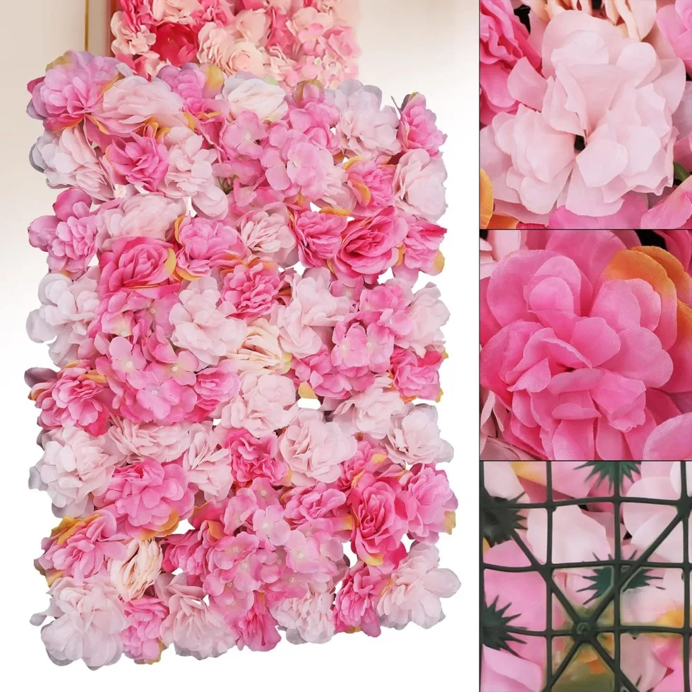 Flower Wall Panels Flower Wall Panel Floral Backdrop with Leaves Dark Pink & Light Pink Decor for Wedding Party