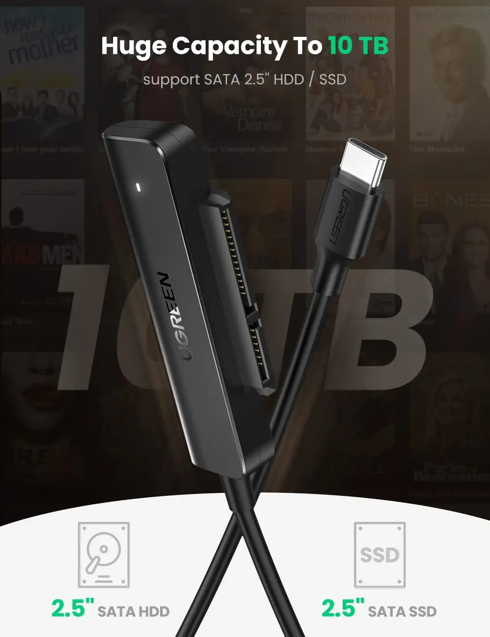 UGREEN SATA-USB C 어댑터 케이블 5Gbps UASP SATA III 컨버터 (2.5인치 SSD/HDD 하드 드라이브용) 썬더볼트 3 지원