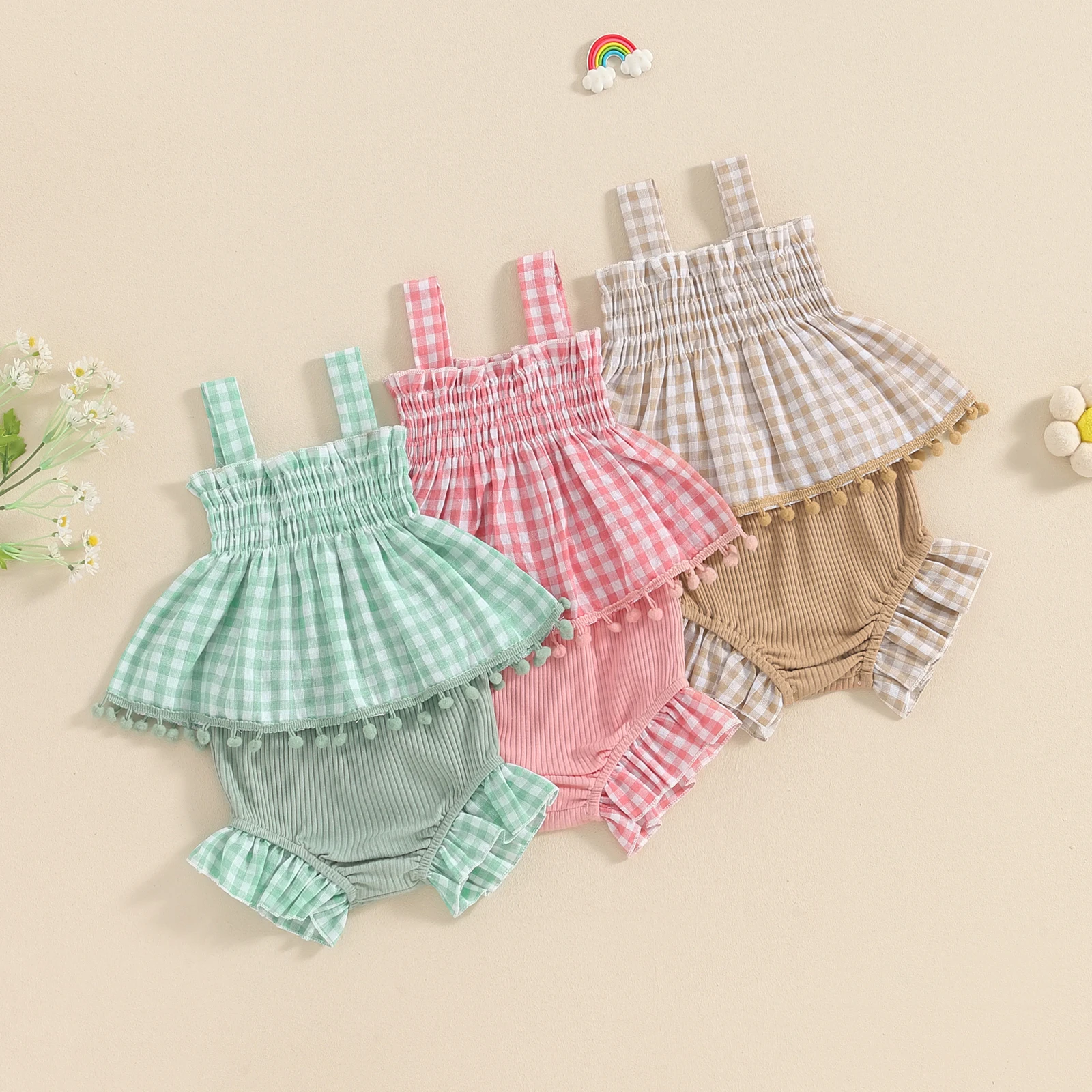 Baby Girl Plaid Pattern Loose Blouses With Shorts Sets