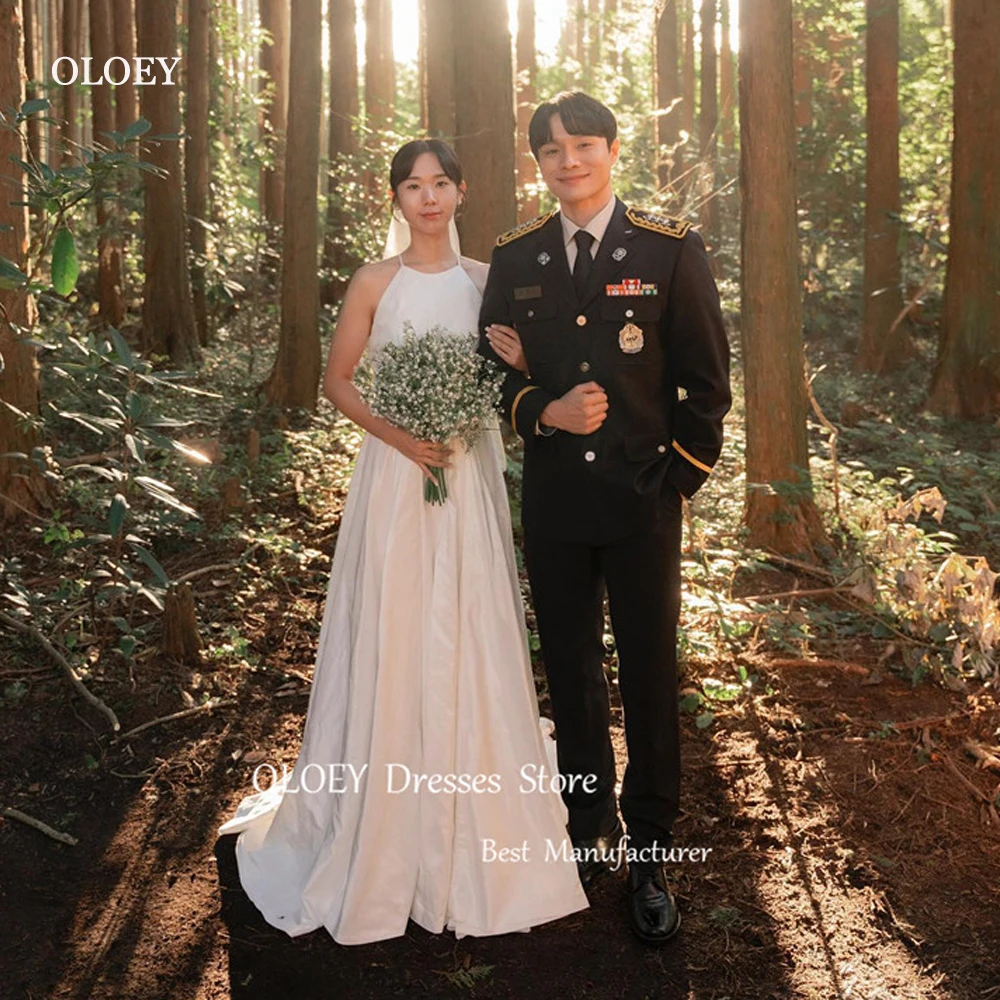 

OLOEY Simple A Line Taffeta Korea Wedding Dresses Photo shoot Halter Bridal Gowns Custom Made Bride Party Dress Long Tulle Veil