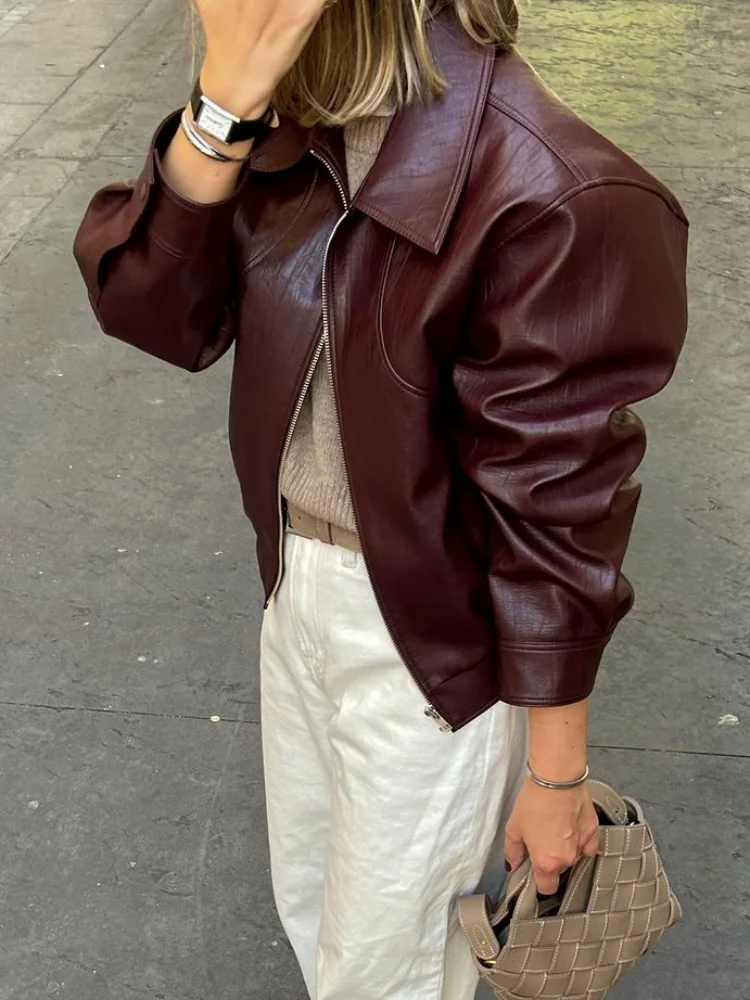 Vintage Solid Women's Pu Leather Jackets With Pockets Fashion Lapel Zipper Buttons Coats 2024 Autumn Chic Lady High Streetwear 3