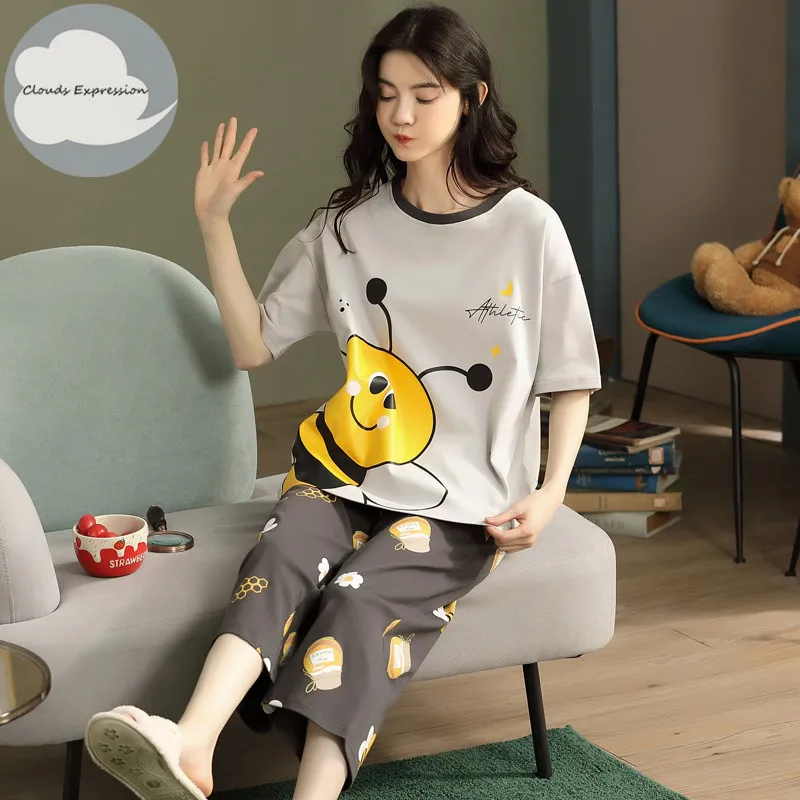 Women Pajamas Set Women Pajama Suit Summer Knitted Cotton Cartoon Pajamas Sets Women Pyjamas Sleepwear Nightwear Calf-Length Pants Homewear Plus Size