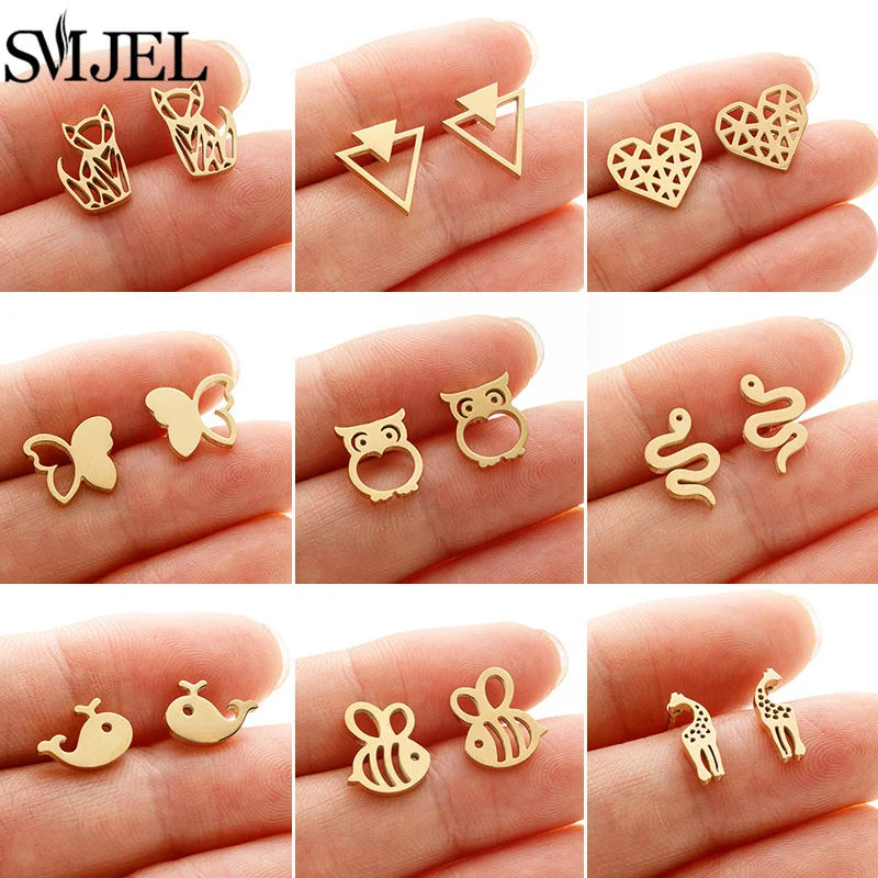 Cute Various Animal Earings Fashion Jewelry Butterfly Dog Owl Snake Whale Bee Giraffe Stainless Steel Mini Stud Earrings Women