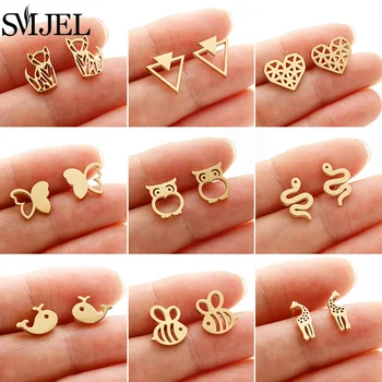 Cute Various Animal Earings Fashion Jewelry Butterfly Dog Owl Snake Whale Bee Giraffe Stainless Steel Mini Stud Earrings Women
