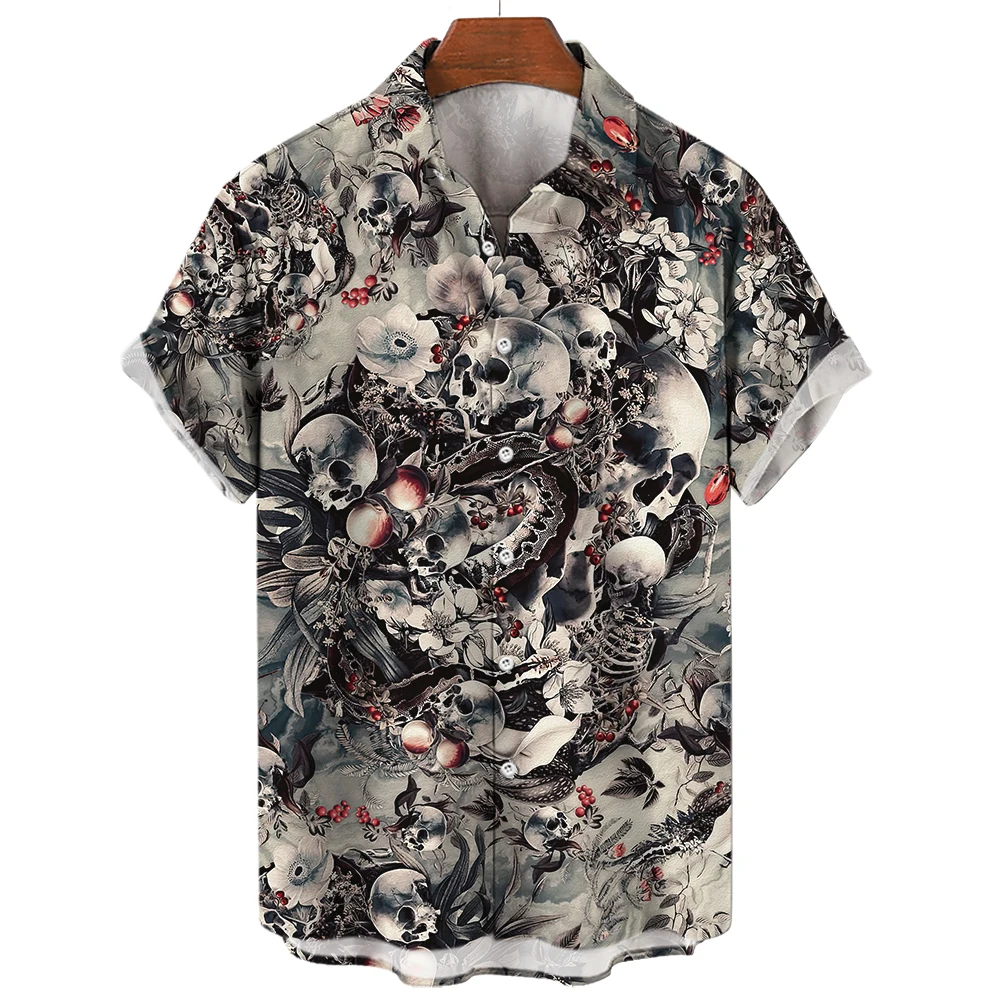 Horror Skull Shirt For Men Summer Turndown Henry Shirts Casual Button Hawaii Style Short Sleeve Men's Clothing Daily Streetwear