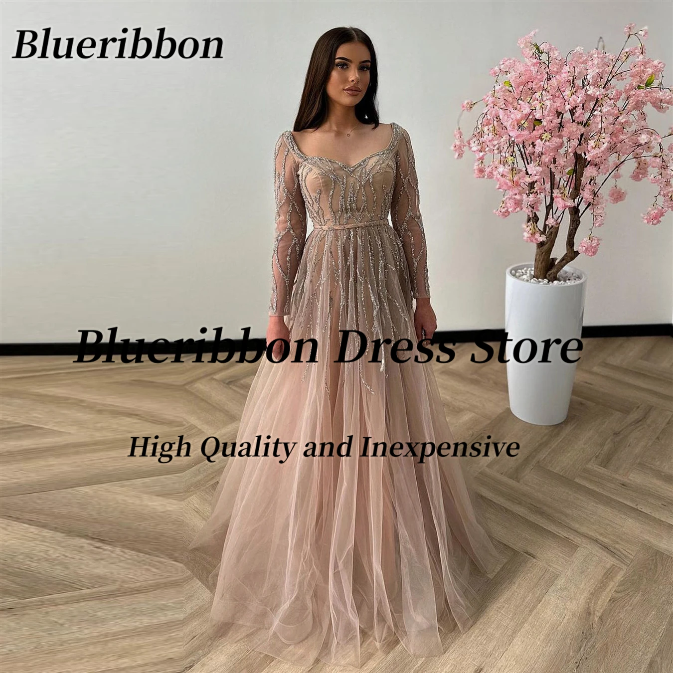 

Женское платье для выпускного вечера Blueribbon, платье с длинным рукавом, украшенное бусинами, в полоску, для дня рождения, для Саудовской Аравии