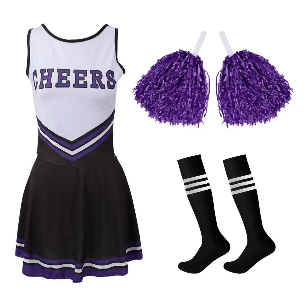 Cheerleading Dance Costume For Women Sleeveless V Neckline Letters Printed Crop Top With Pleated Skirt And 2Pcs Flower Balls