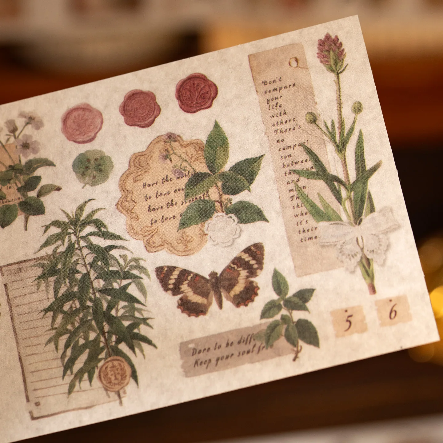 6PCS 와시 종이 빈티지 식물 스티커 스크랩북 저널 플래너용 레트로 식물 장식