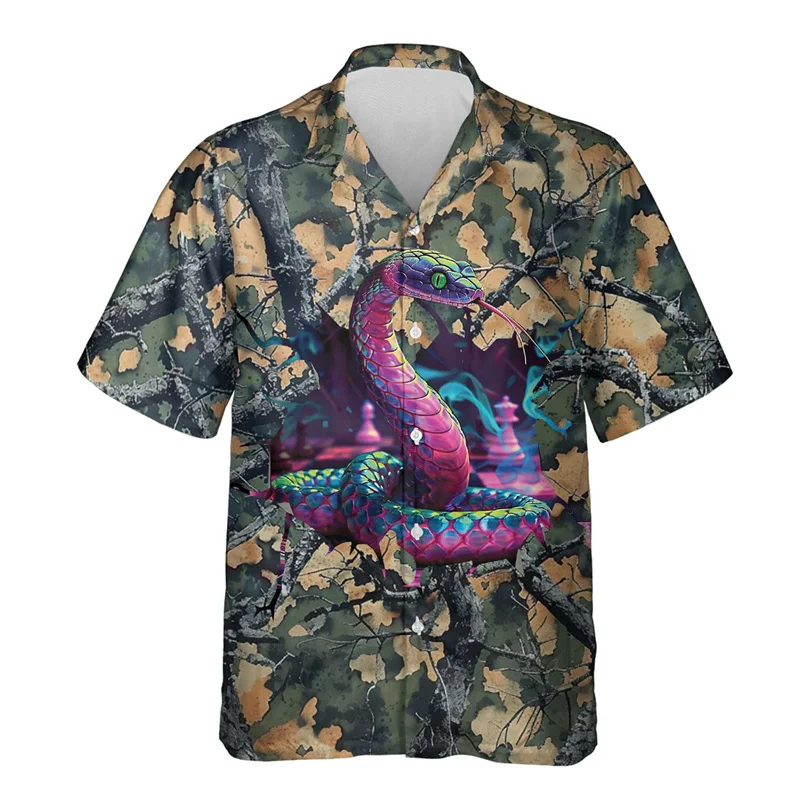 thumbnail image 1 of Camisa hawaiana con estampado de serpiente de terror para hombre, divertida camisa hawaiana con estampado 3D de serpiente, blusas casuales de verano de manga corta con solapa, 1 of 5