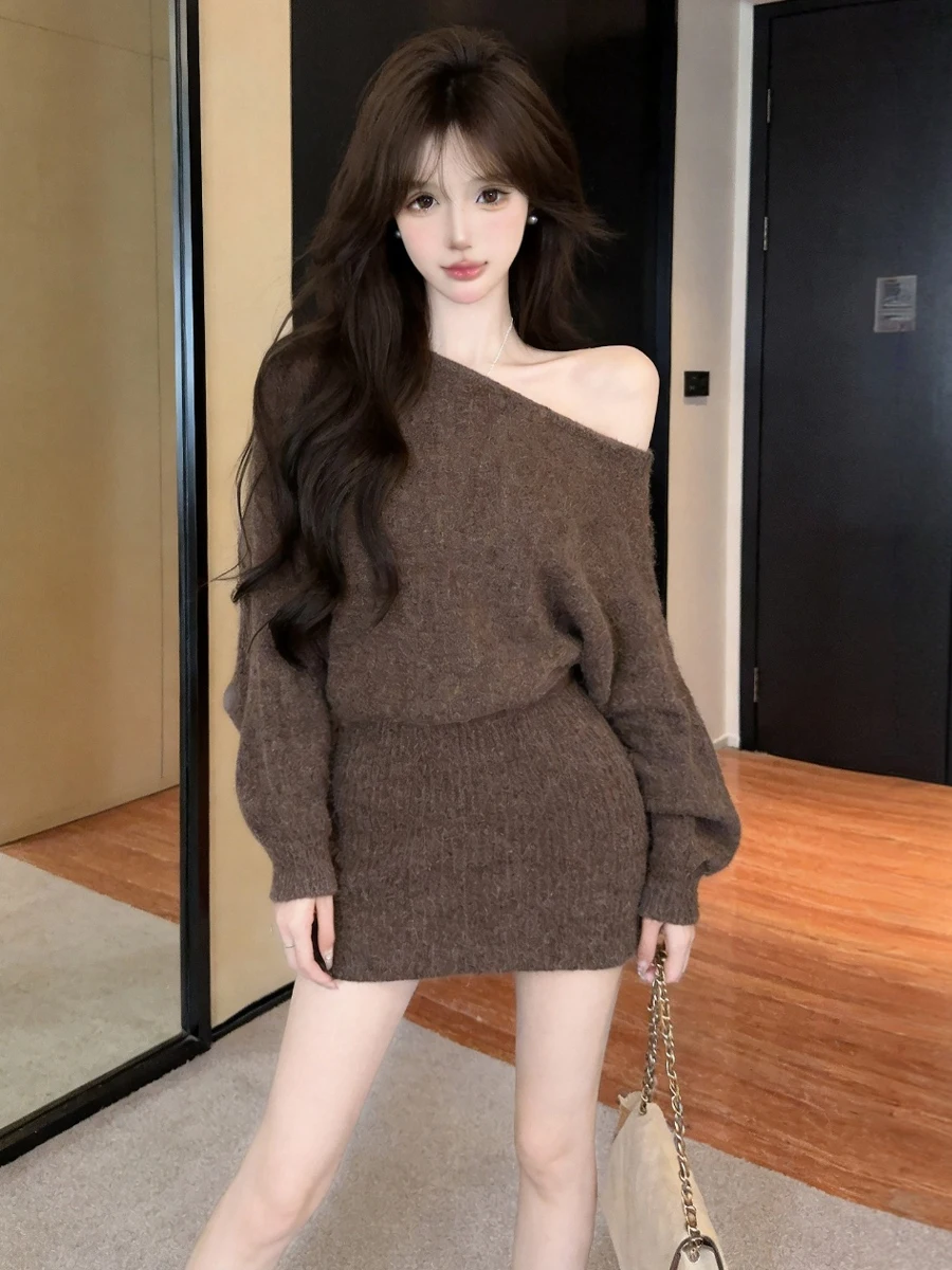 Korean Style Loose Batwing Sleeve Knitted Dress Shoulder Bared Sexy Short Skirt Women's Fashion Casual Comfortable Long Sleeve