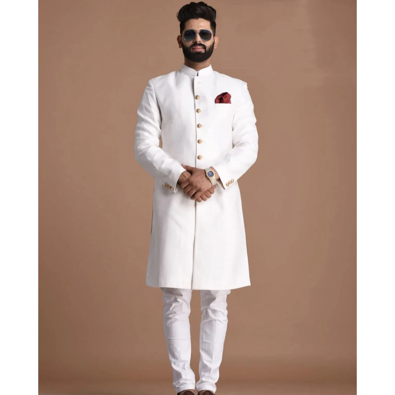 Men Fashion Suits Long Jacket Pants Two Piece Regular Wedding Groom Outfits Single Breasted Stand Lapel