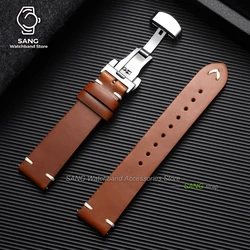 Vintage Cowhide Leather Watch Band with Butterfly Buckle - Quick Release Strap in Brown and Black - Black Buckle (Light Brown)