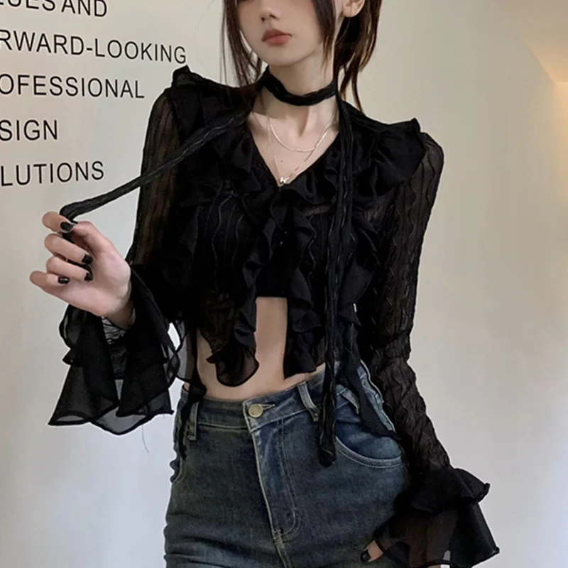 Camisa Y2K de los años 2000 para mujer, color liso, transparente, cuello en V, acampanado, manga larga, blusa con volantes, top corto, ropa de calle coqueta