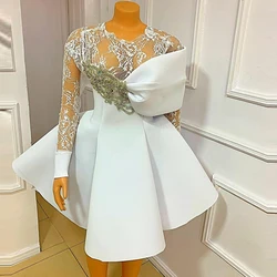 Cute Short White Party Dress Long Sleeves Puffy Skirt A Line Sexy Women Lace Mini Dresses Custom Made With Appliques Beaded