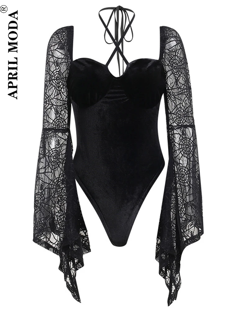 

Flare Sleeve Harajuku Solid Jumpsuit Women Bodycon Sexy Black Body Tops Fashion Streetwear Vintage Y2k GothBodysuits Clothing