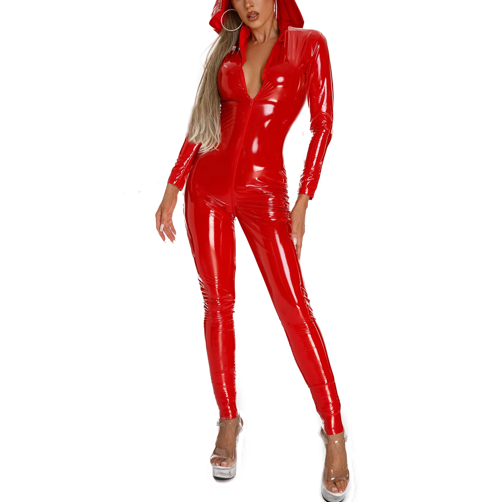 

Women Long Sleeve Horn Hooded Bodysuit Clubwear Zipper Crotch Sexy PU Leather Catsuit Jumpsuit Party Halloween Role Play Costume