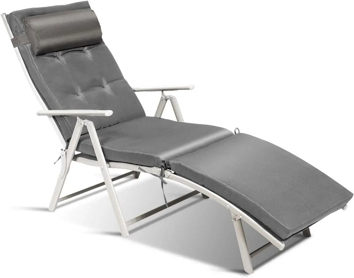 Outdoor Folding Chaise Lounge Chair, Lightweight Recliner Chair w/ 7 Adjustable Backrest Positions, Patio Reclining Beach w