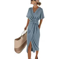 Robes pour femmes 2026 nouvelle mode couleur unie enroulée à lacets col en V fendue nouée mi-mollet vêtements pour femmes vestidos 5