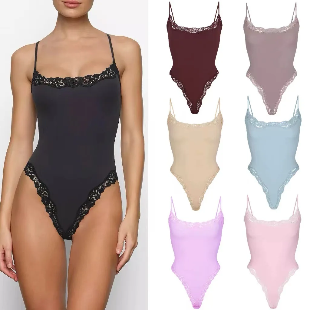 sks Valentine's Day lace edge halter jumpsuit vest bodysuit slim-fit elastic body vest