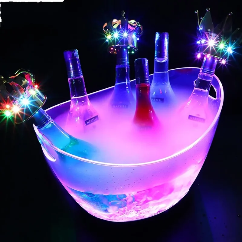 8L Transparent LED Luminous Ice Cube Storage Buckets Barrel Shaped Bar Beer Bottle Cooler Container Light Up Champagne Wine Hold