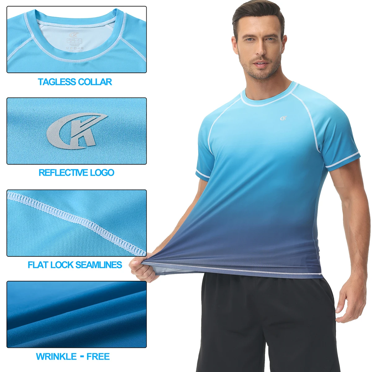 UPF 50+ Men Gradient Short Swim Tee Breathable Surf Shirt Rash Guard Hiking Outdoor Shirts