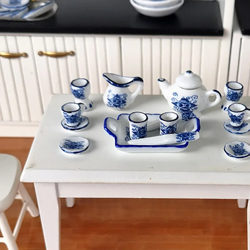 Miniature Doll House Porcelain Coffee and Tea Cups, Ceramic Tableware, Pink Flower Patten, Dollhouse Kitchen Accessories