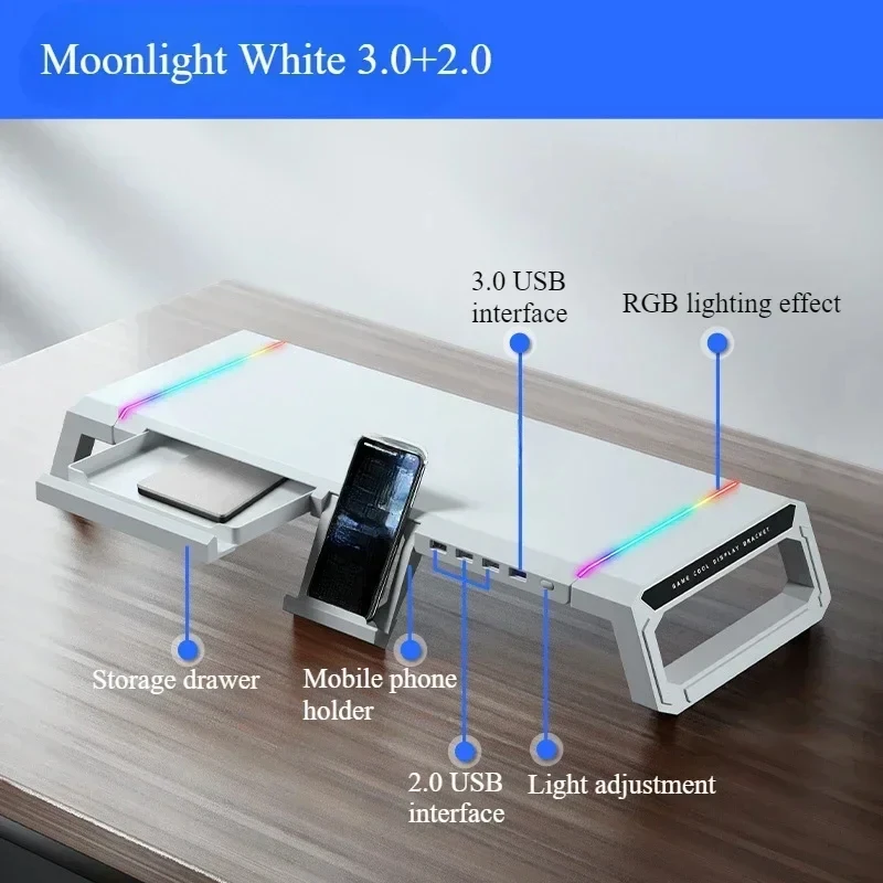 Kurebingzun T1 모니터 스탠드 접이식 데스크탑 라이저(서랍형 휴대폰 홀더 포함) RGB 라이트 4 USB 포트 인체공학적 데스크 정리함