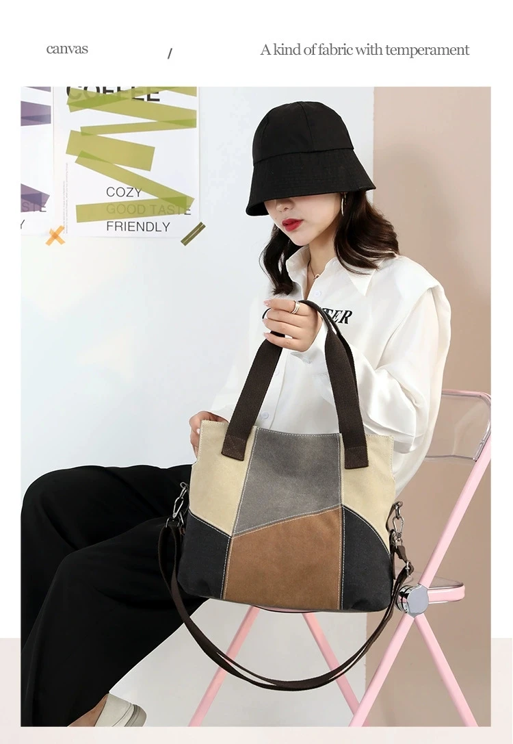 Women's New Simple and Fashionable Contrast Canvas Bag with Large Capacity Retro Spliced One Shoulder Handbag High end design