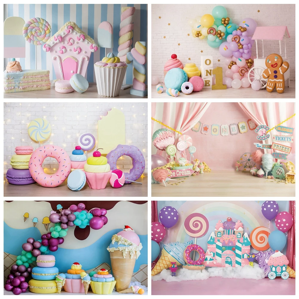 

Sweet Candy Backdrop Donuts Lollipop ice Cream Newborn Baby Shower Birthday Party Photography Background Decor Photo Studio Prop