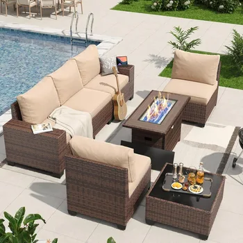 7-Piece Wicker Patio Set with Fire Pit 1