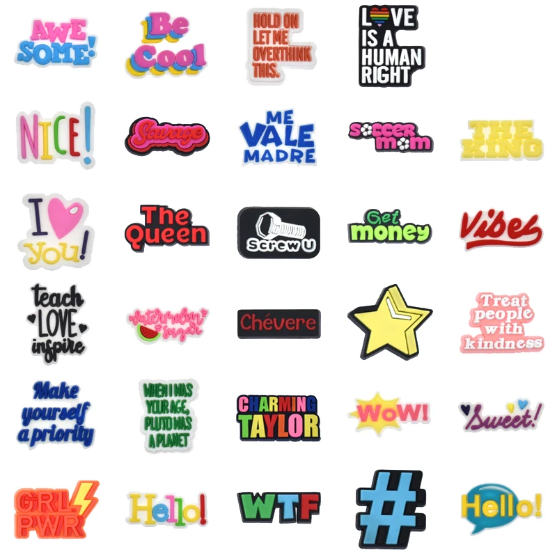 

Wholesale 1Pcs PVC Phrases for Croc Charm DIY Badge Women Clogs Buckle Kids Pins Decoration Jeans Wristbands Shoes Accessories