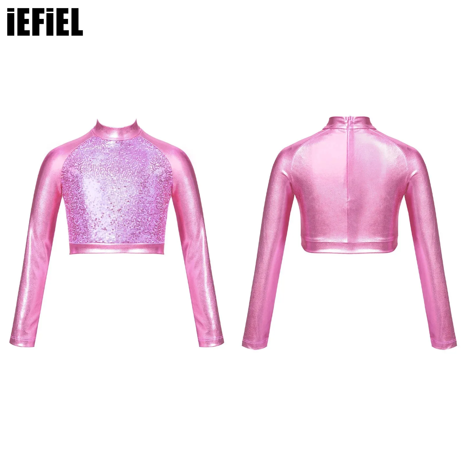 

Kids Girls Shiny Metallic Dance Top Mock Neck Long Sleeve Front Sequin Fully Lined Dance Crop Tops for Stage Performance