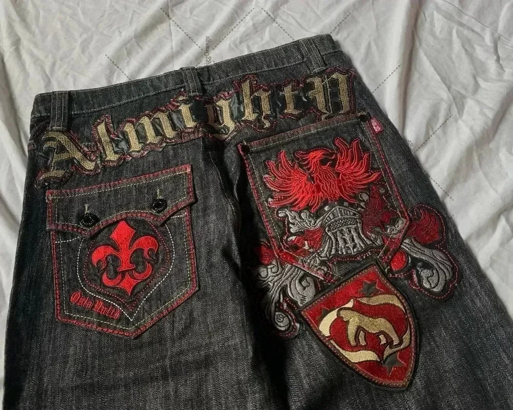 High street patchwork letter embroidered jeans men's goth Harajuku fashion wide leg jeans y2k American retro casual pants 2