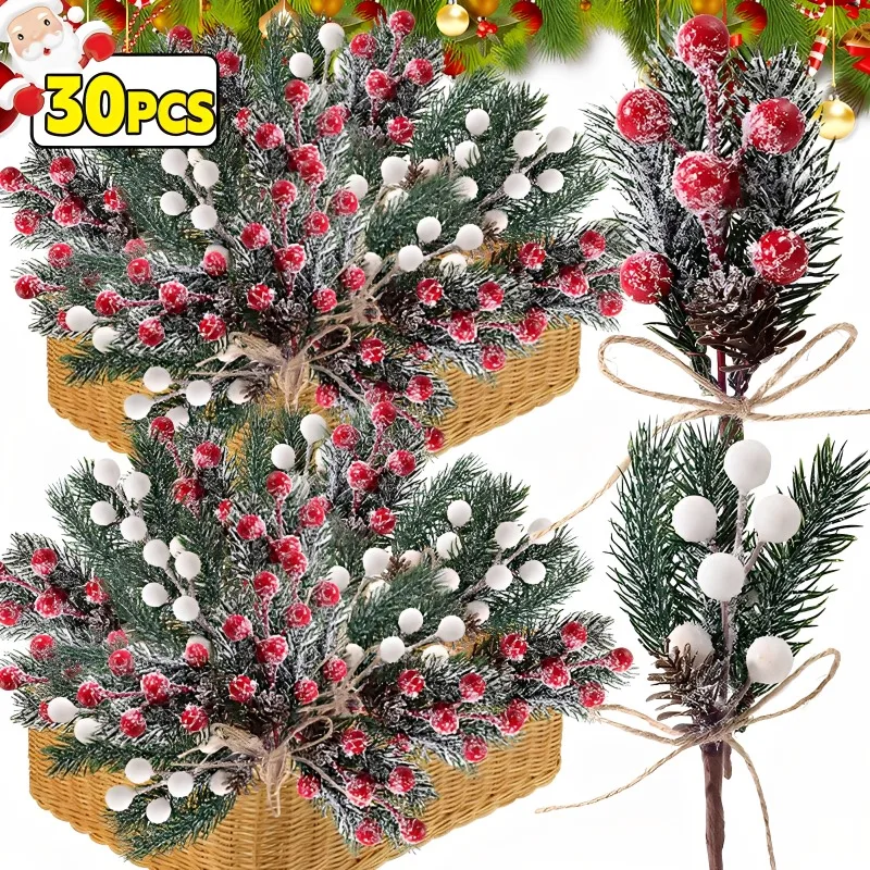 30/1pcs Christmas Artificial Berry Branches Plastic Fake Berries Stem Pine Flowers Home Party Wedding Wreath DIY Craft Ornaments_voghion.com